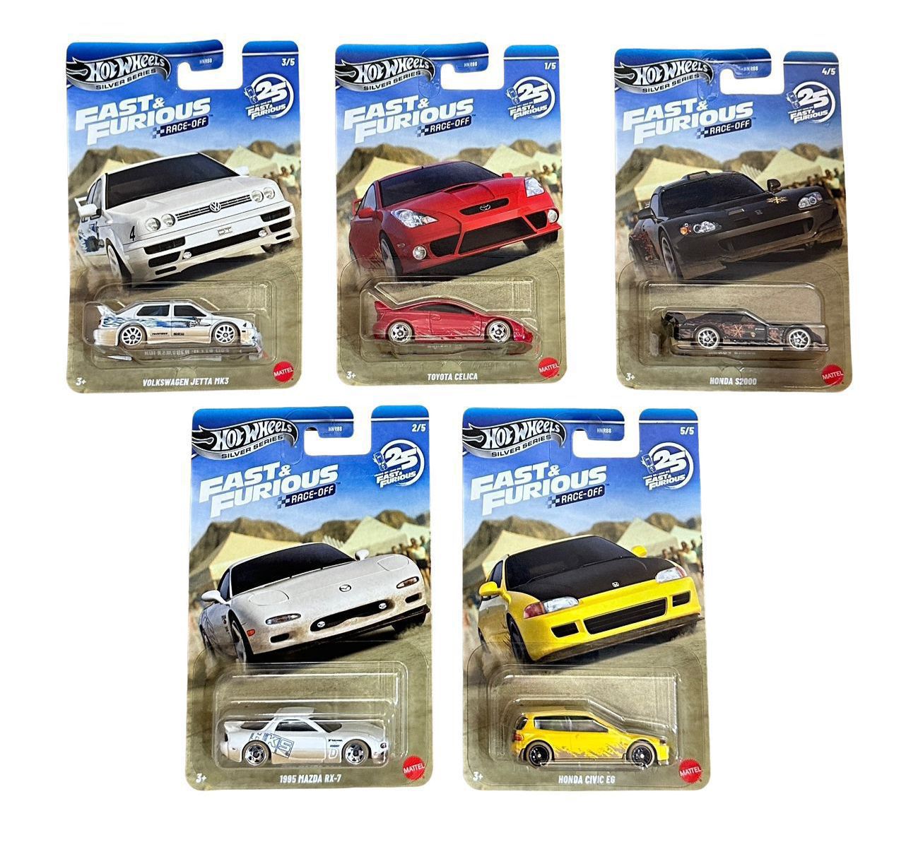 Fast & Furious Race-Off Complete Set of 5 – Honda Civic EG, Mazda RX-7, Toyota Celica, Honda S2000 & VW Jetta MK3 - Hotwheels