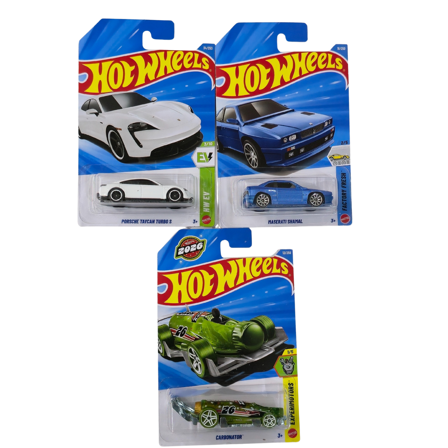 Combo Pack – Porsche Taycan Turbo S, Maserati Shamal & Carbonator (Set of 3) - Hot Wheels Imported
