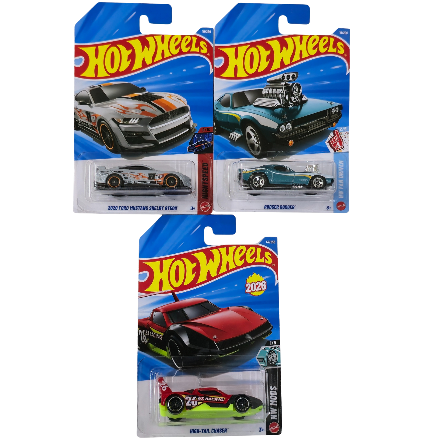 Combo Pack – Mustang Shelby GT500, Rodger Dodger & High-Tail Chaser (Set of 3) - Hot Wheels Imported