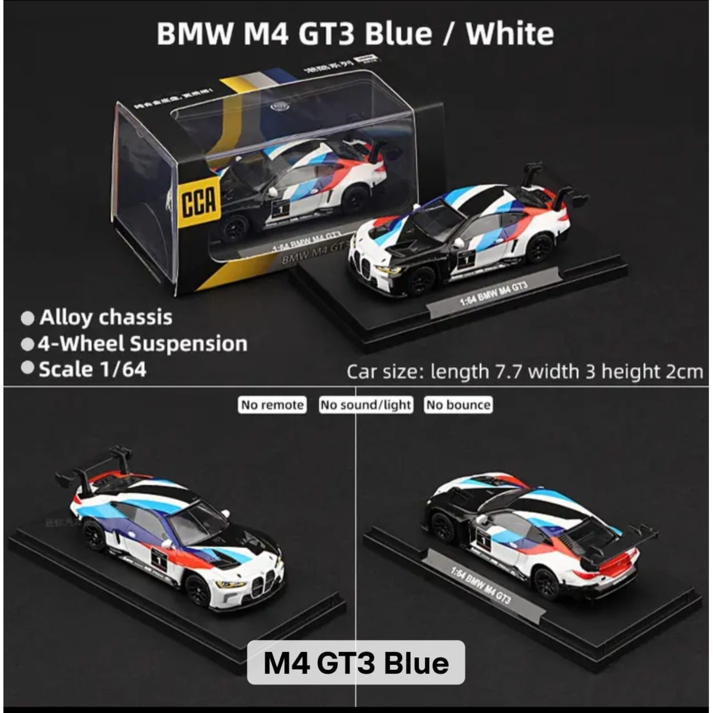BMW M4 GT3 Blue & White - 1:60 scale with Acrylic Display - Premium CCA (Imported)