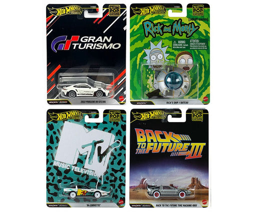 Premium Pop Culture Mix (Set of 4)  – Gran Turismo, Rick & Morty, MTV & Back to the Future Collection - Hotwheels Imported