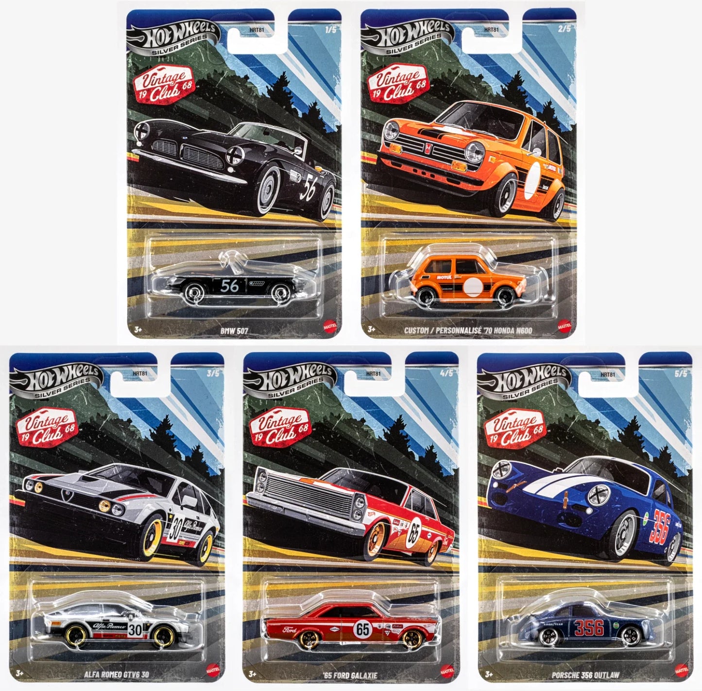 Vintage Club '68 Complete Set of 5  – BMW 507, Porsche 356 Outlaw, Alfa Romeo GTV6 3.0, Ford Galaxie & Honda N600 - Hotwheels